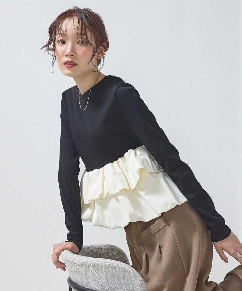 【大人可愛いシルエット】カットリブバルーンペプラムプルオーバー
