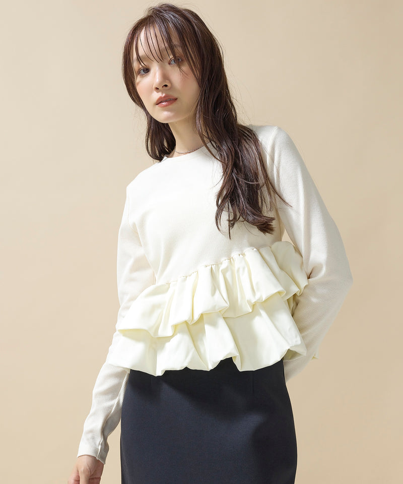 【大人可愛いシルエット】カットリブバルーンペプラムプルオーバー