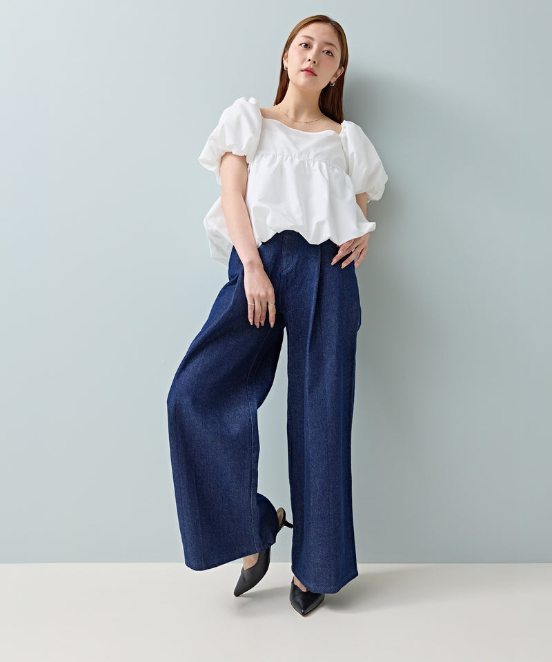 タック入り デニム ワイドパンツ