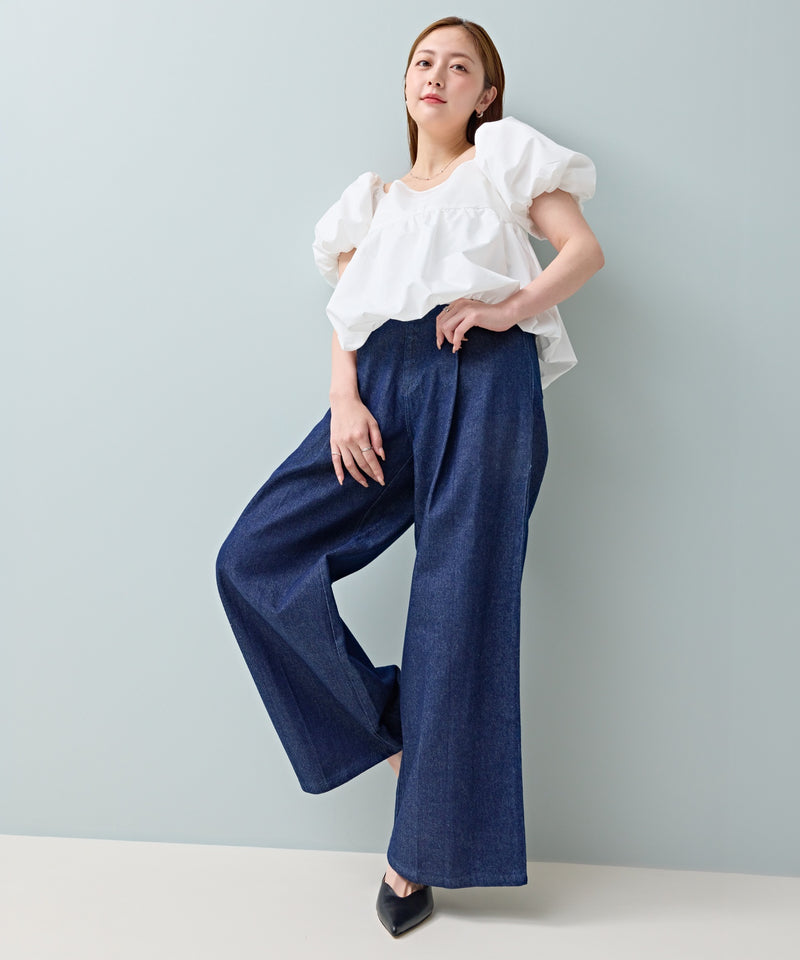 タック入り デニム ワイドパンツ
