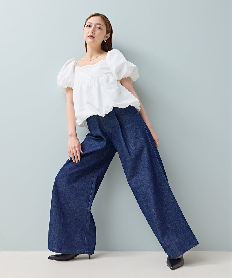 タック入り デニム ワイドパンツ
