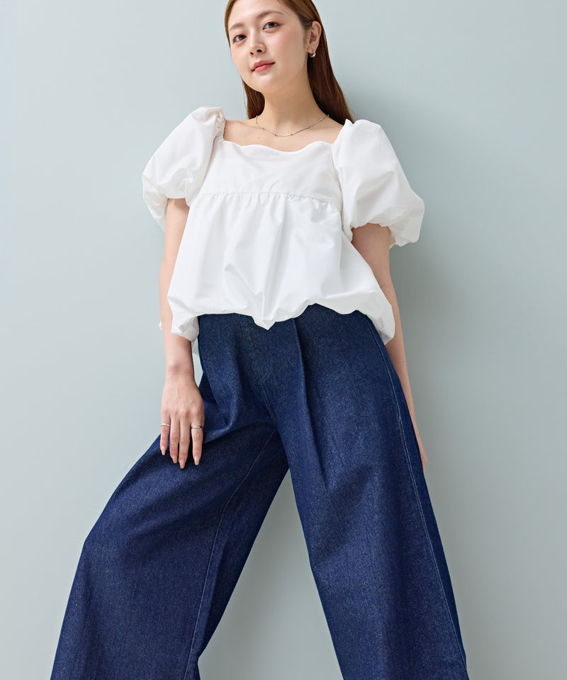 タック入り デニム ワイドパンツ