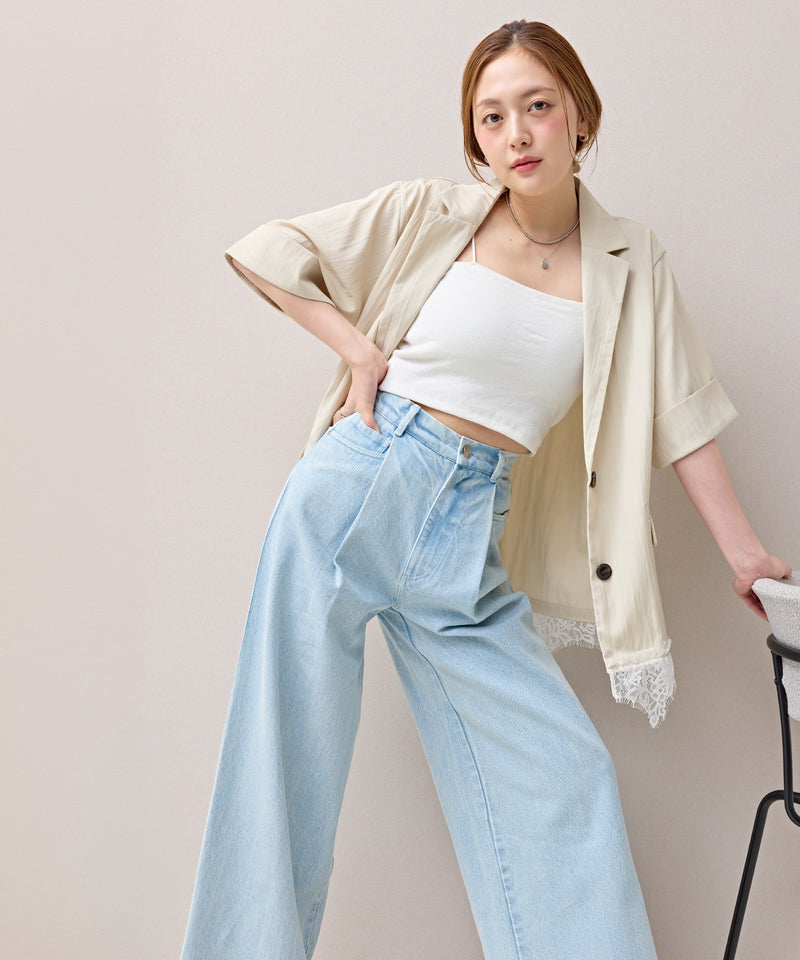 タック入り デニム ワイドパンツ