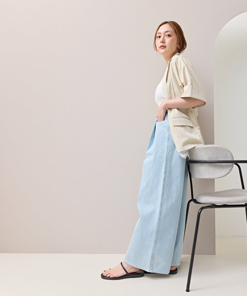 タック入り デニム ワイドパンツ