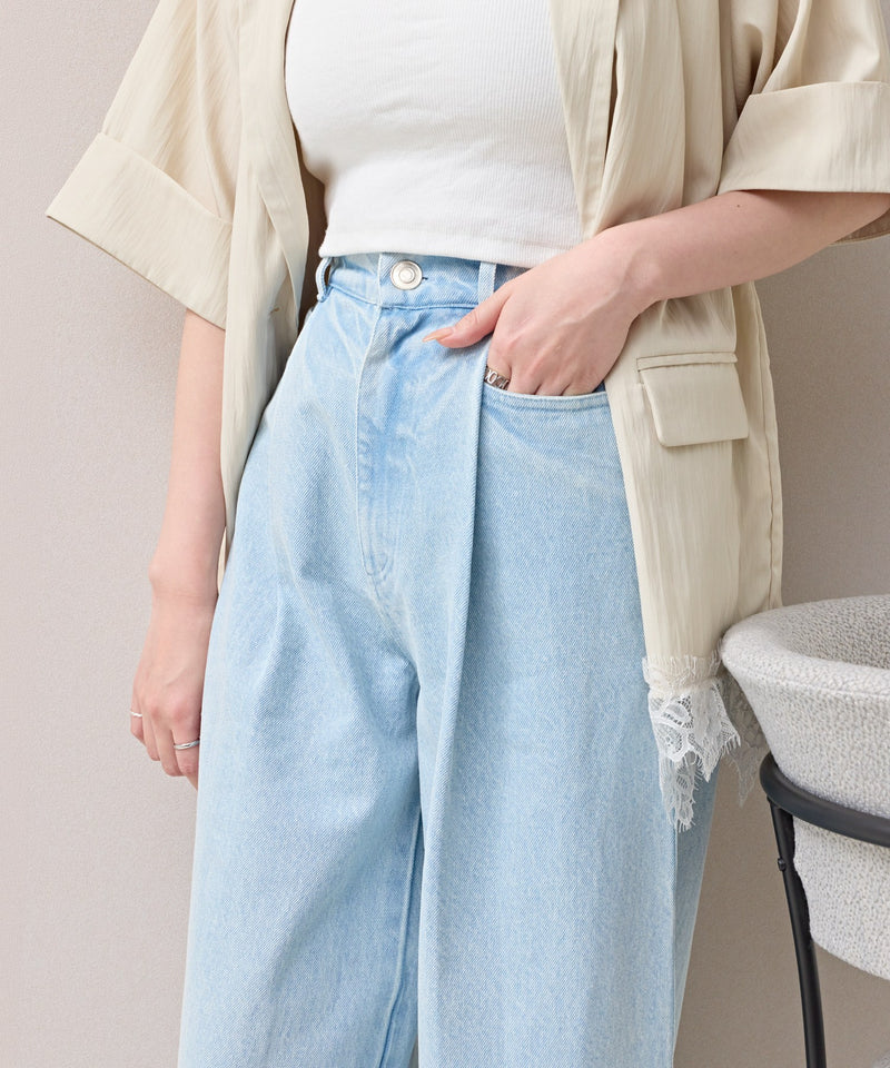 タック入り デニム ワイドパンツ