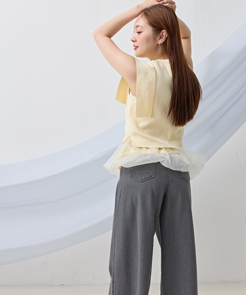 タック入り デニム ワイドパンツ