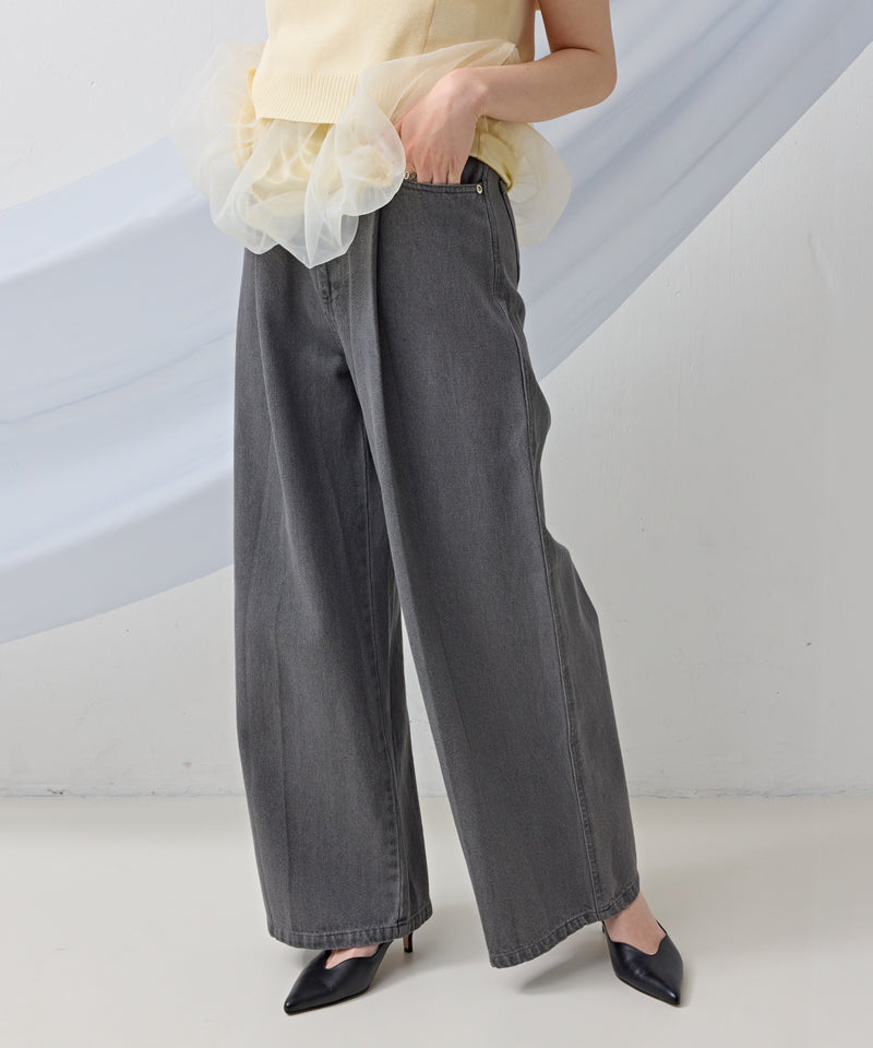 タック入り デニム ワイドパンツ