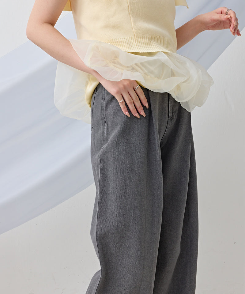 タック入り デニム ワイドパンツ