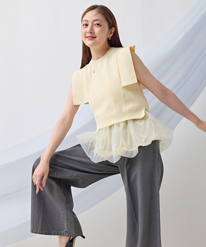 タック入り デニム ワイドパンツ