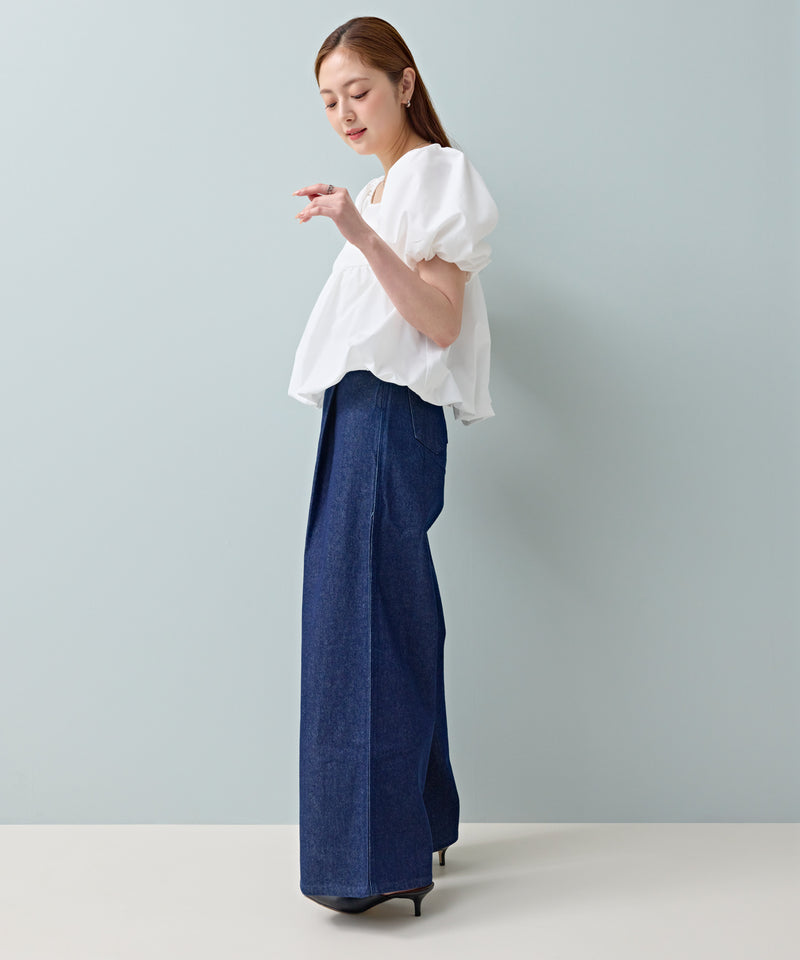タック入り デニム ワイドパンツ