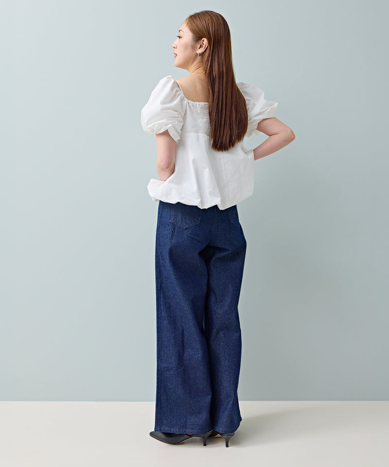 タック入り デニム ワイドパンツ