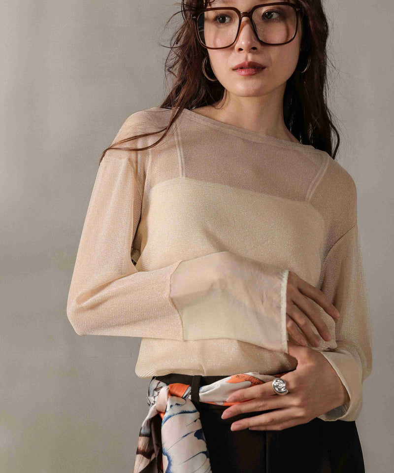 袖シアーラメ ベーシックカットソー トップス