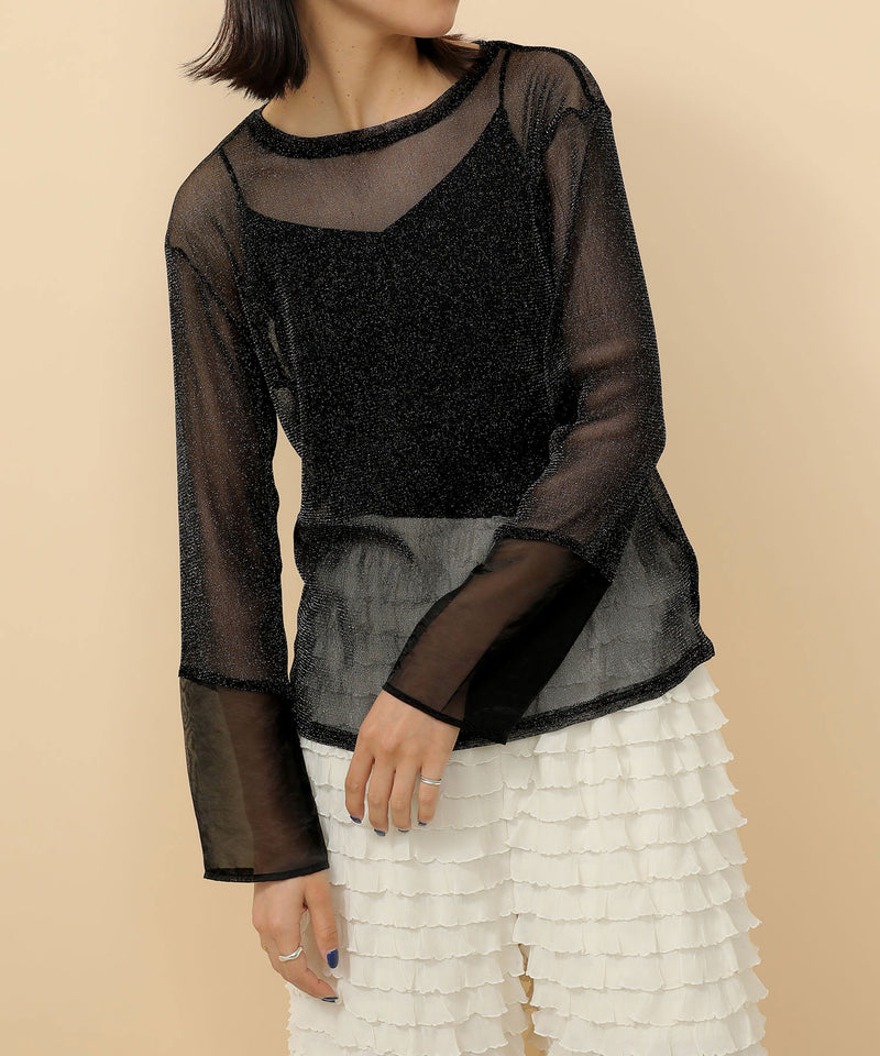 袖シアーラメ ベーシックカットソー トップス