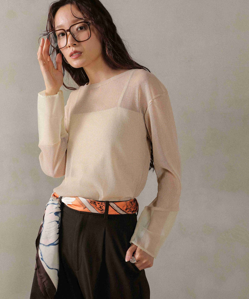 袖シアーラメ ベーシックカットソー トップス