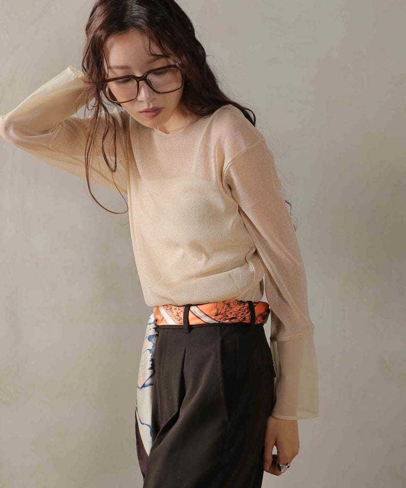 袖シアーラメ ベーシックカットソー トップス
