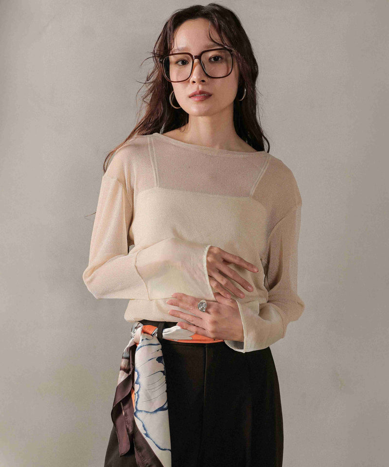 袖シアーラメ ベーシックカットソー トップス