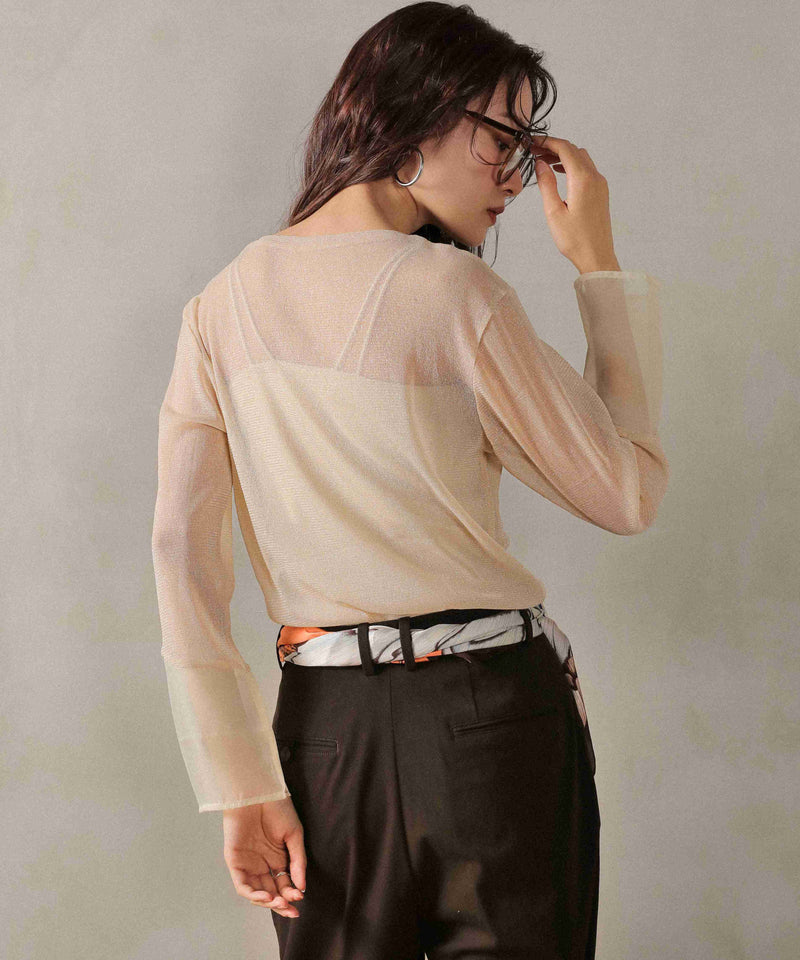 袖シアーラメ ベーシックカットソー トップス