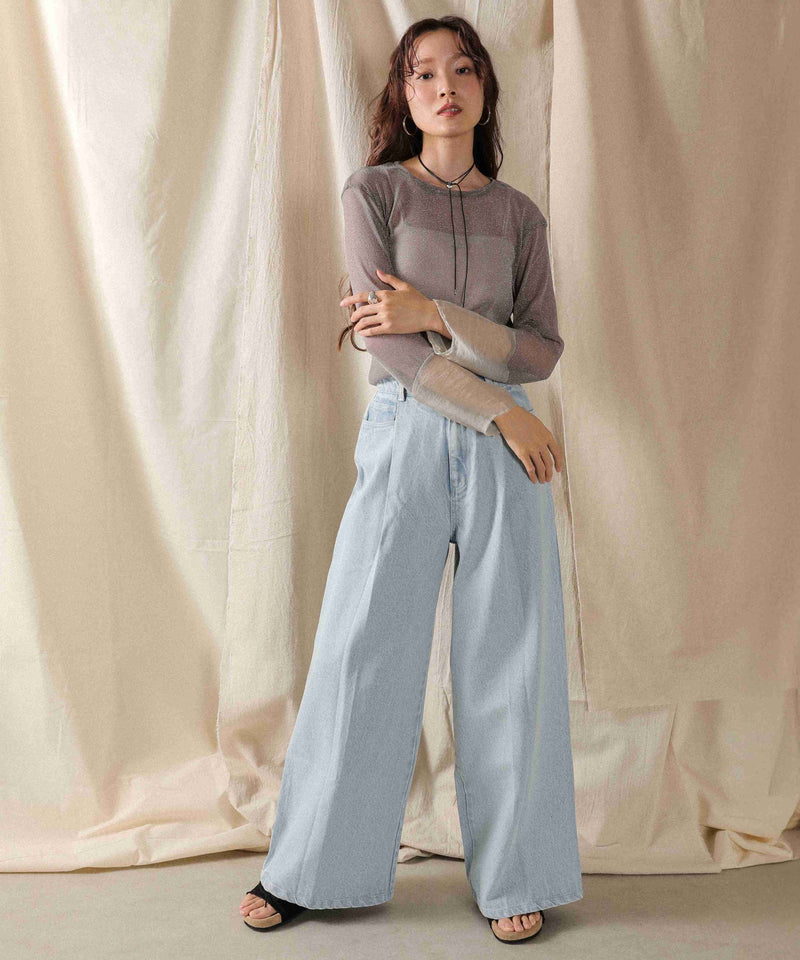 袖シアーラメ ベーシックカットソー トップス