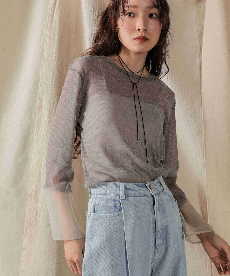 袖シアーラメ ベーシックカットソー トップス