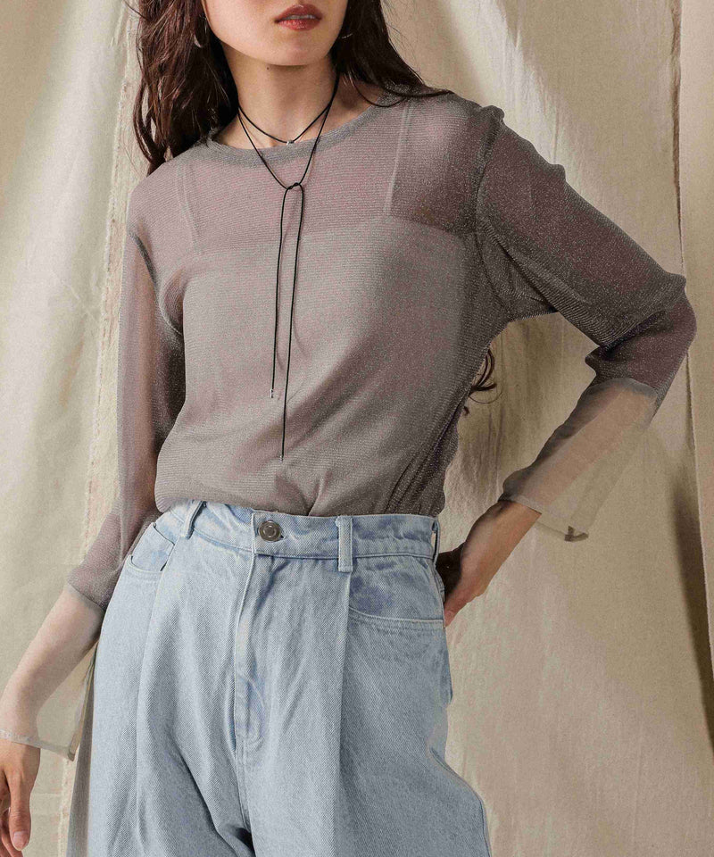 袖シアーラメ ベーシックカットソー トップス