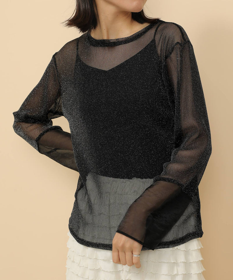 袖シアーラメ ベーシックカットソー トップス