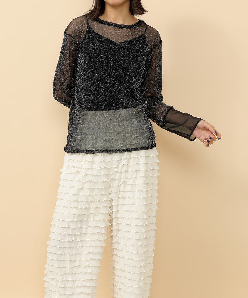 袖シアーラメ ベーシックカットソー トップス