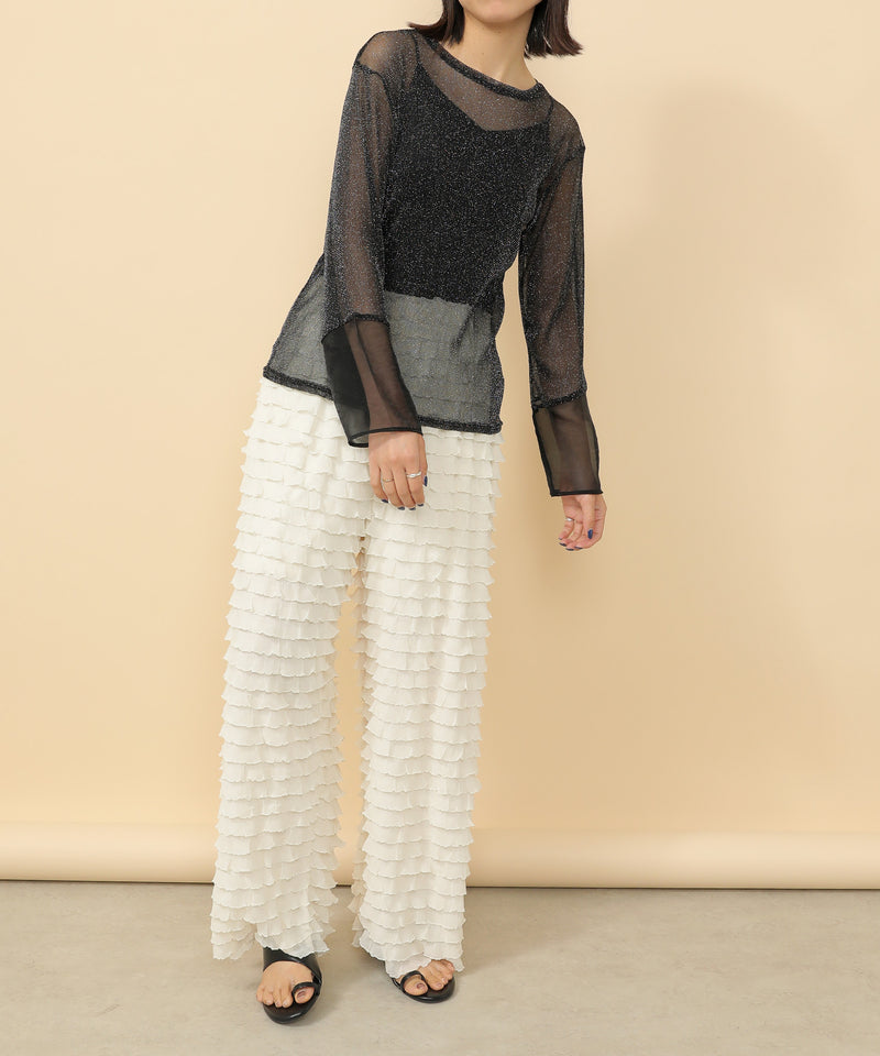 袖シアーラメ ベーシックカットソー トップス