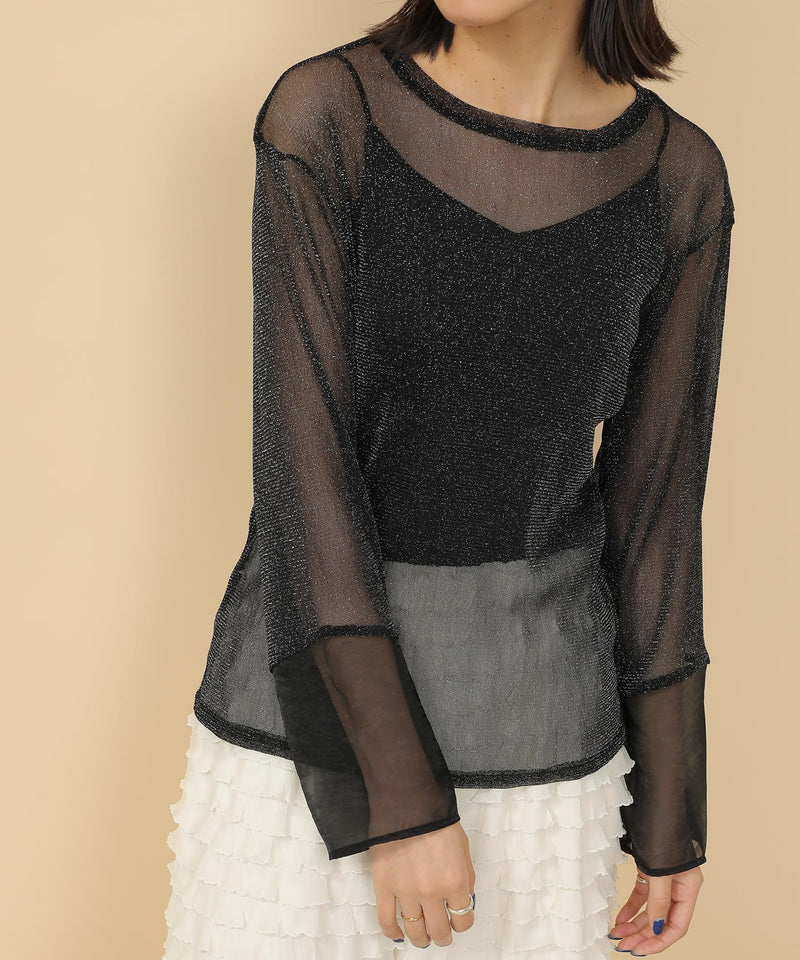 袖シアーラメ ベーシックカットソー トップス