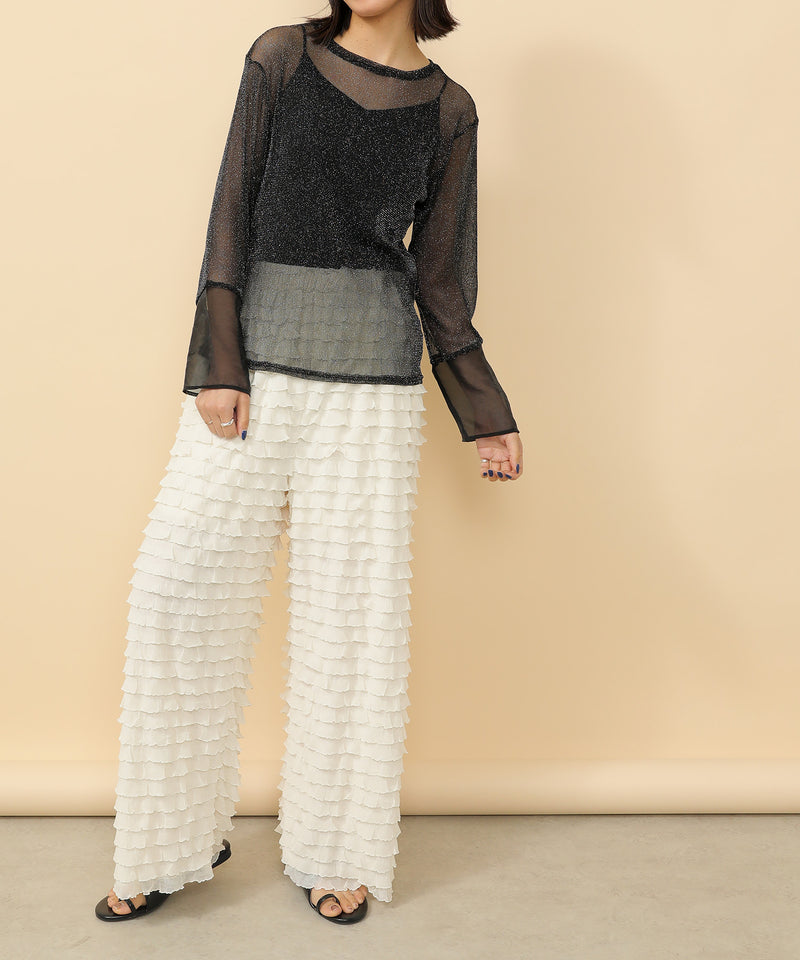 袖シアーラメ ベーシックカットソー トップス