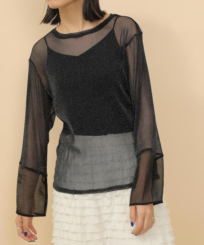 袖シアーラメ ベーシックカットソー トップス