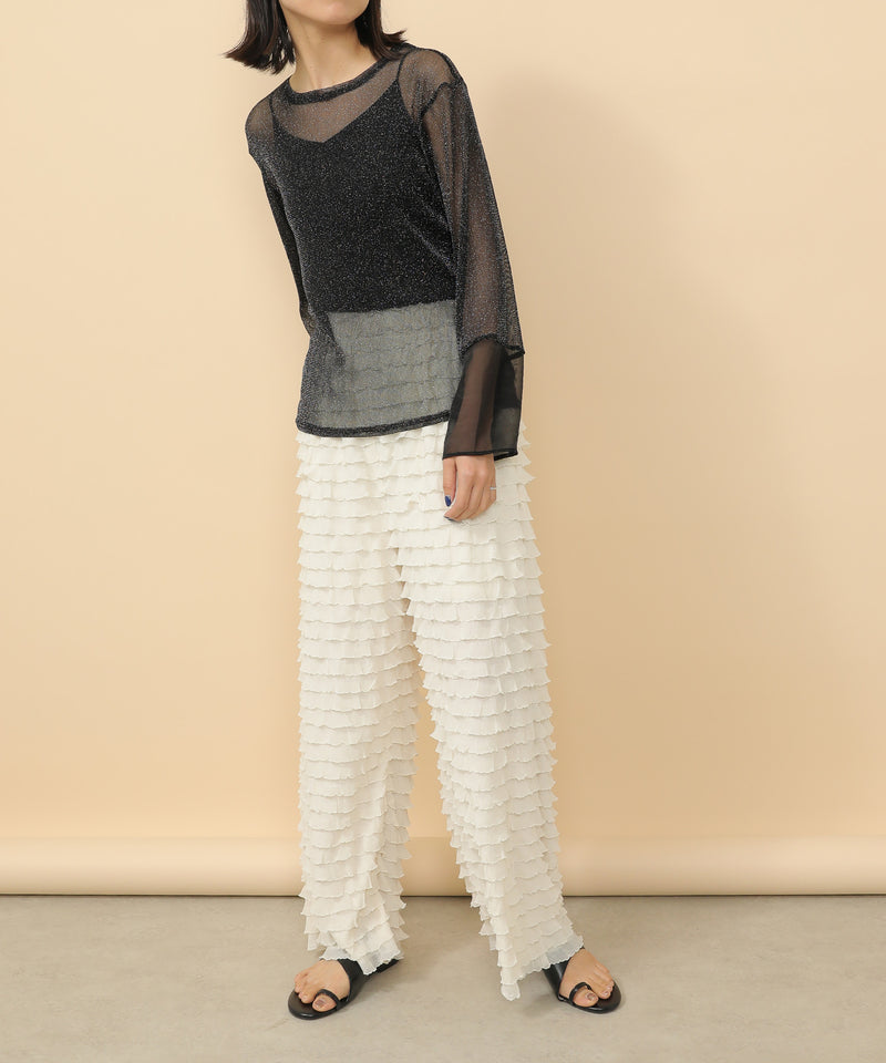 袖シアーラメ ベーシックカットソー トップス