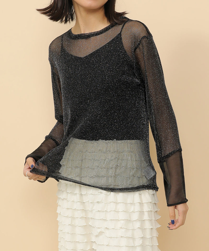 袖シアーラメ ベーシックカットソー トップス