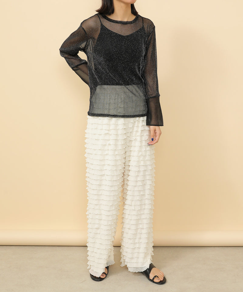 袖シアーラメ ベーシックカットソー トップス