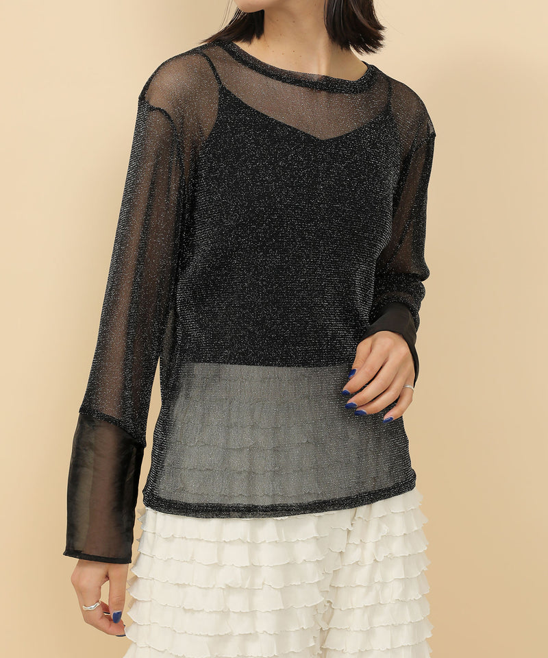 袖シアーラメ ベーシックカットソー トップス