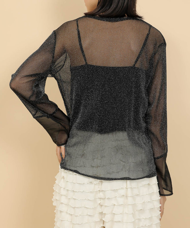 袖シアーラメ ベーシックカットソー トップス