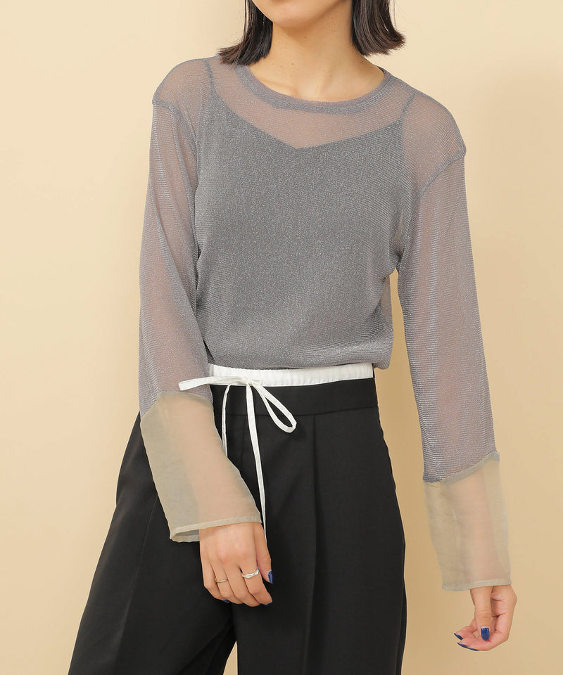 袖シアーラメ ベーシックカットソー トップス