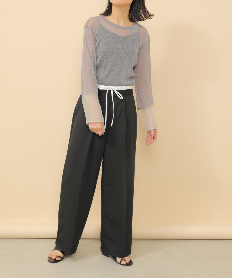 袖シアーラメ ベーシックカットソー トップス