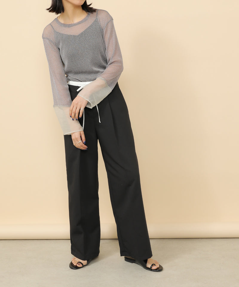 袖シアーラメ ベーシックカットソー トップス