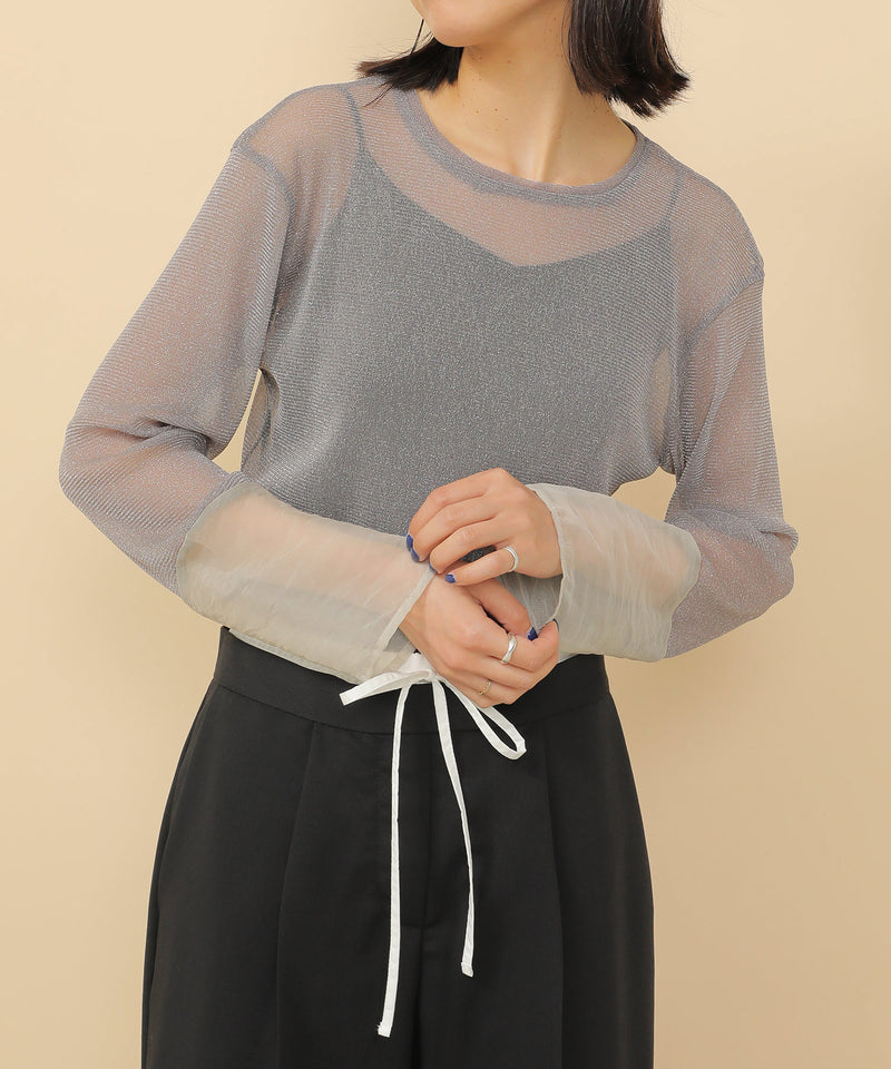 袖シアーラメ ベーシックカットソー トップス