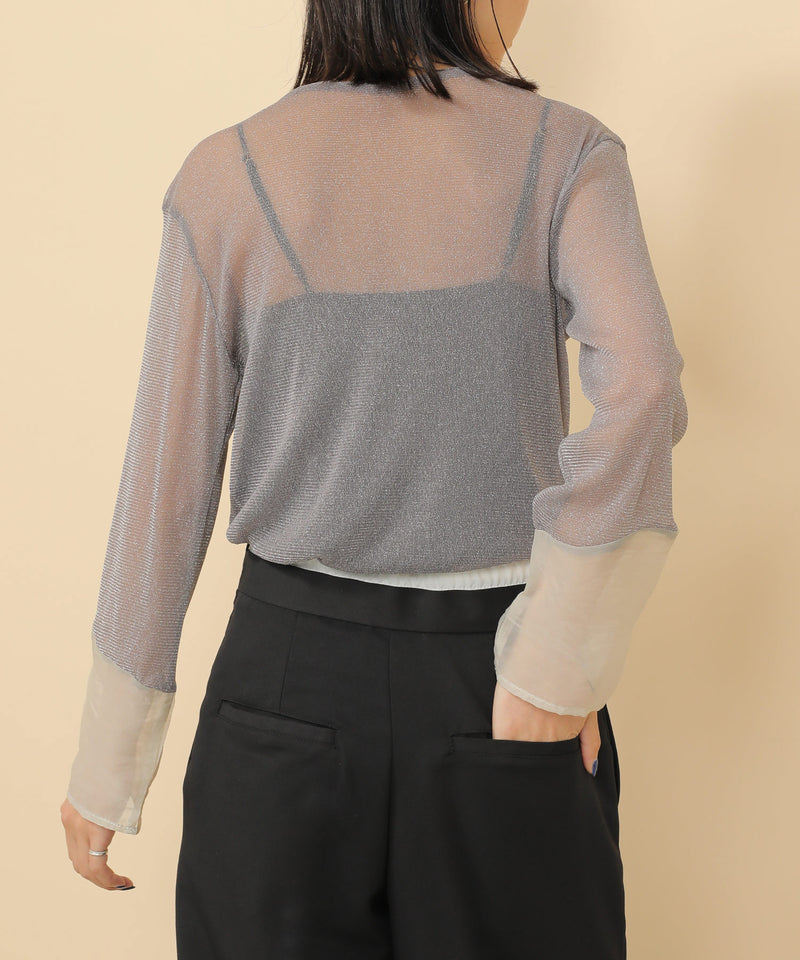 袖シアーラメ ベーシックカットソー トップス