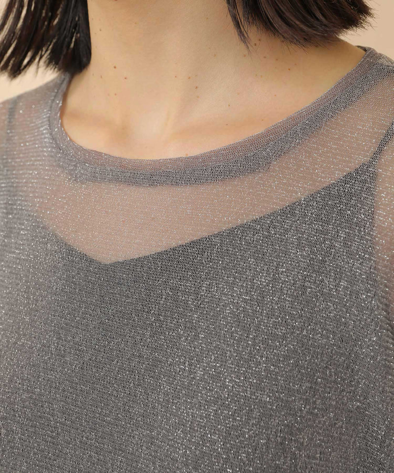 袖シアーラメ ベーシックカットソー トップス