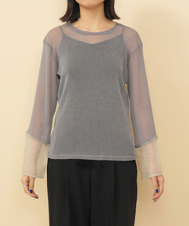 袖シアーラメ ベーシックカットソー トップス