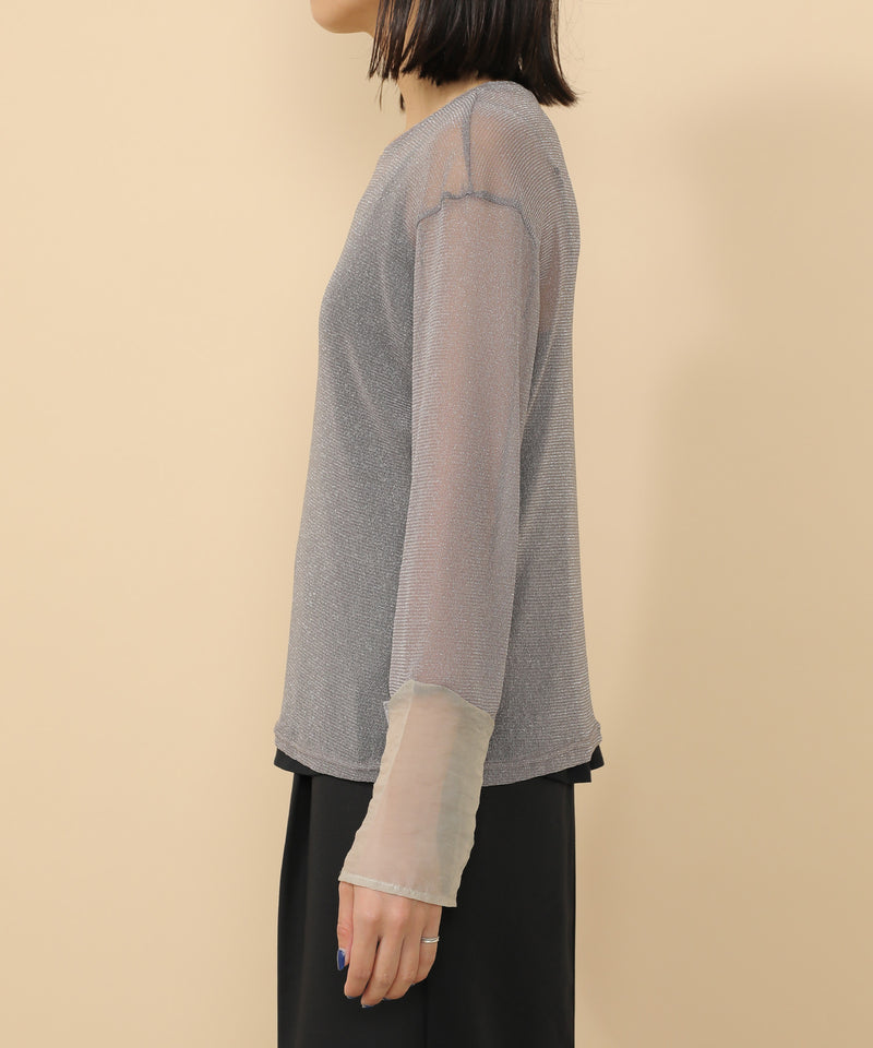 袖シアーラメ ベーシックカットソー トップス