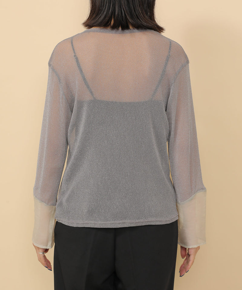 袖シアーラメ ベーシックカットソー トップス