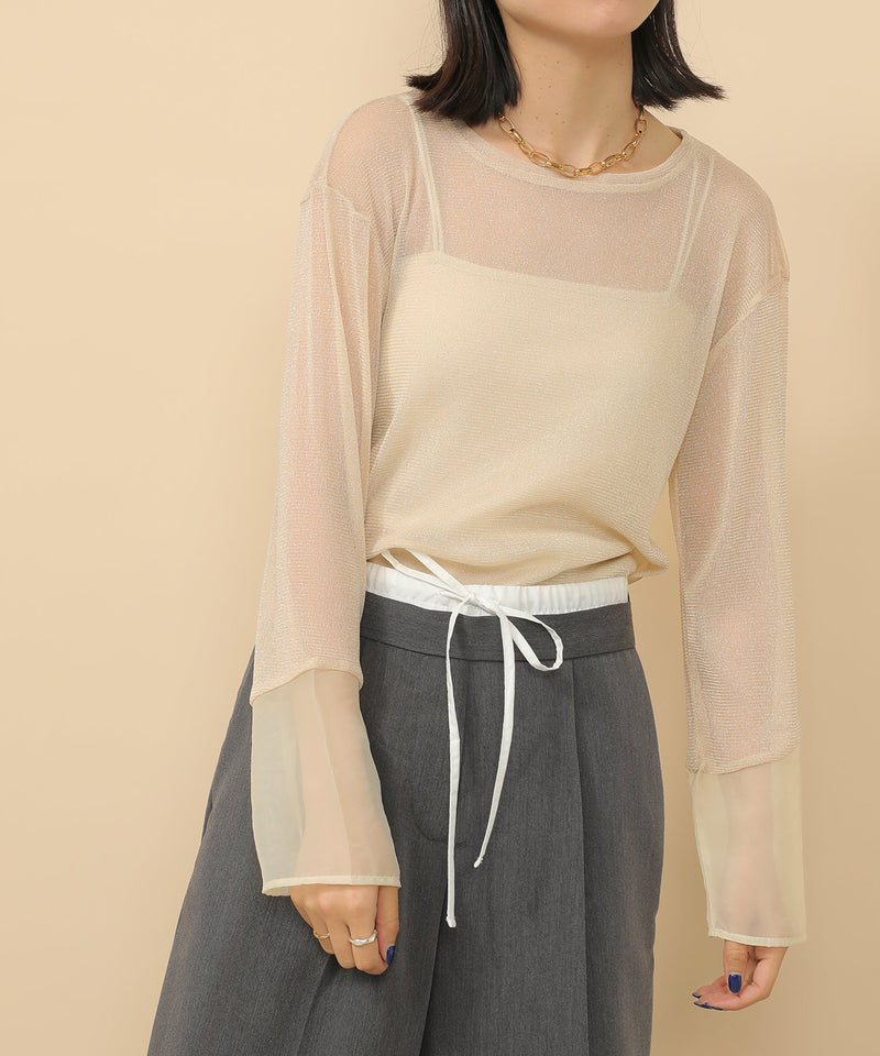 袖シアーラメ ベーシックカットソー トップス