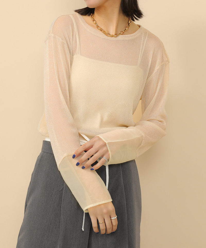 袖シアーラメ ベーシックカットソー トップス