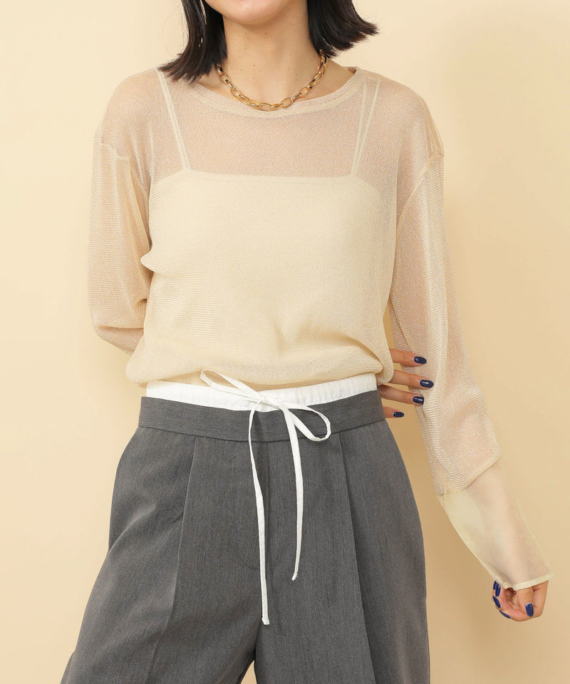 袖シアーラメ ベーシックカットソー トップス