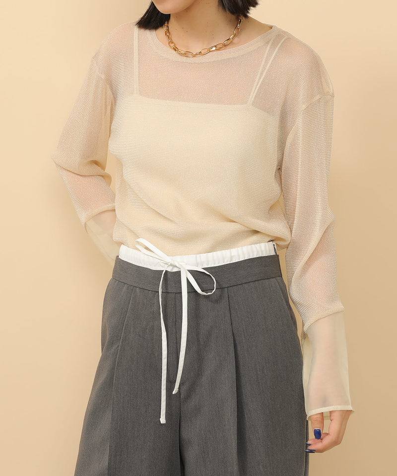 袖シアーラメ ベーシックカットソー トップス