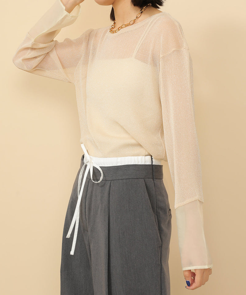 袖シアーラメ ベーシックカットソー トップス