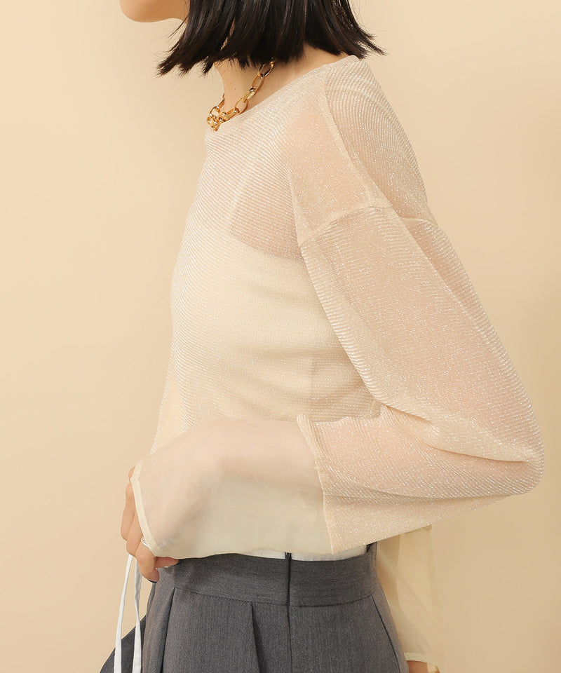 袖シアーラメ ベーシックカットソー トップス